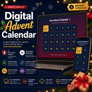 May include: A digital advent calendar website template displayed on a laptop and smartphone screen. The interface features twenty-four numbered doors, festive text, and icons. The design includes a dark background with gold accents and holiday-themed graphics.