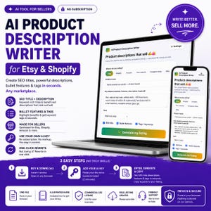 May include: A digital marketing graphic for an AI product description writer tool featuring a laptop and smartphone displaying a web interface. The text includes AI PRODUCT DESCRIPTION WRITER for Etsy & Shopify, 3 EASY STEPS, and WRITE BETTER. SELL MORE.