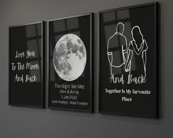 Juego de 3 impresiones de pared personalizadas con lunas y nombres de pareja / Descarga digital