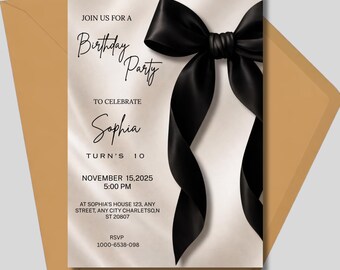 Invitación de cumpleaños editable con lazo negro - Fiesta para adultos Black Coquette (Plantilla de Canva)