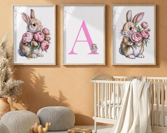 Conjunto de láminas decorativas personalizadas para habitación infantil con diseño de conejitos, estampados florales bohemios de conejos, para habitación de niña (descarga digital).