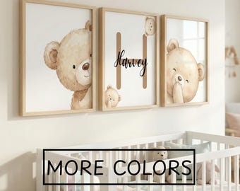 Conjunto de arte personalizado para la habitación del bebé con osito de peluche e inicial del nombre (descarga digital).