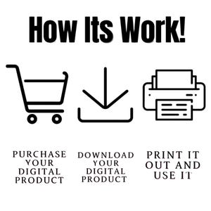 K&ouml;nnte beinhalten: Eine schwarz-wei&szlig;e Anleitungsgrafik mit dem Titel How Its Work! und drei Symbolen: ein Einkaufswagen, ein Download-Pfeil und ein Drucker. Unter den Symbolen steht der Text: PURCHASE YOUR DIGITAL PRODUCT, DOWNLOAD YOUR DIGITAL PRODUCT, PRINT IT OUT AND USE IT.
