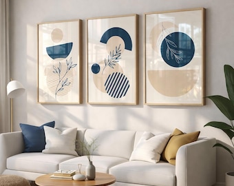Juego de 3 impresiones geométricas abstractas para pared / Estampados botánicos modernos / Decoración minimalista neutra