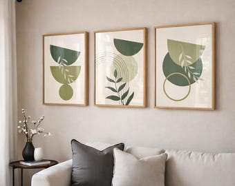 Juego de 3 impresiones botánicas modernas para pared / Impresiones minimalistas abstractas verdes / Descarga digital