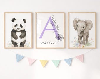 Lámina decorativa personalizada de panda y elefante para habitación infantil, con nombre personalizado y estampado floral (descarga digital).