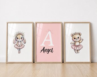 Decoración infantil con diseño de conejito bailarín y oso, lámina personalizada con nombre (descarga digital).
