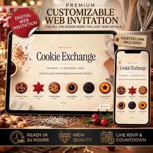 Pode incluir: Um convite digital para uma troca de biscoitos exibido num tablet e smartphone. A interface de cor creme apresenta o texto Cookie Exchange, Saturday, 5 December 2026, e ilustrações de seis tipos diferentes de biscoitos.