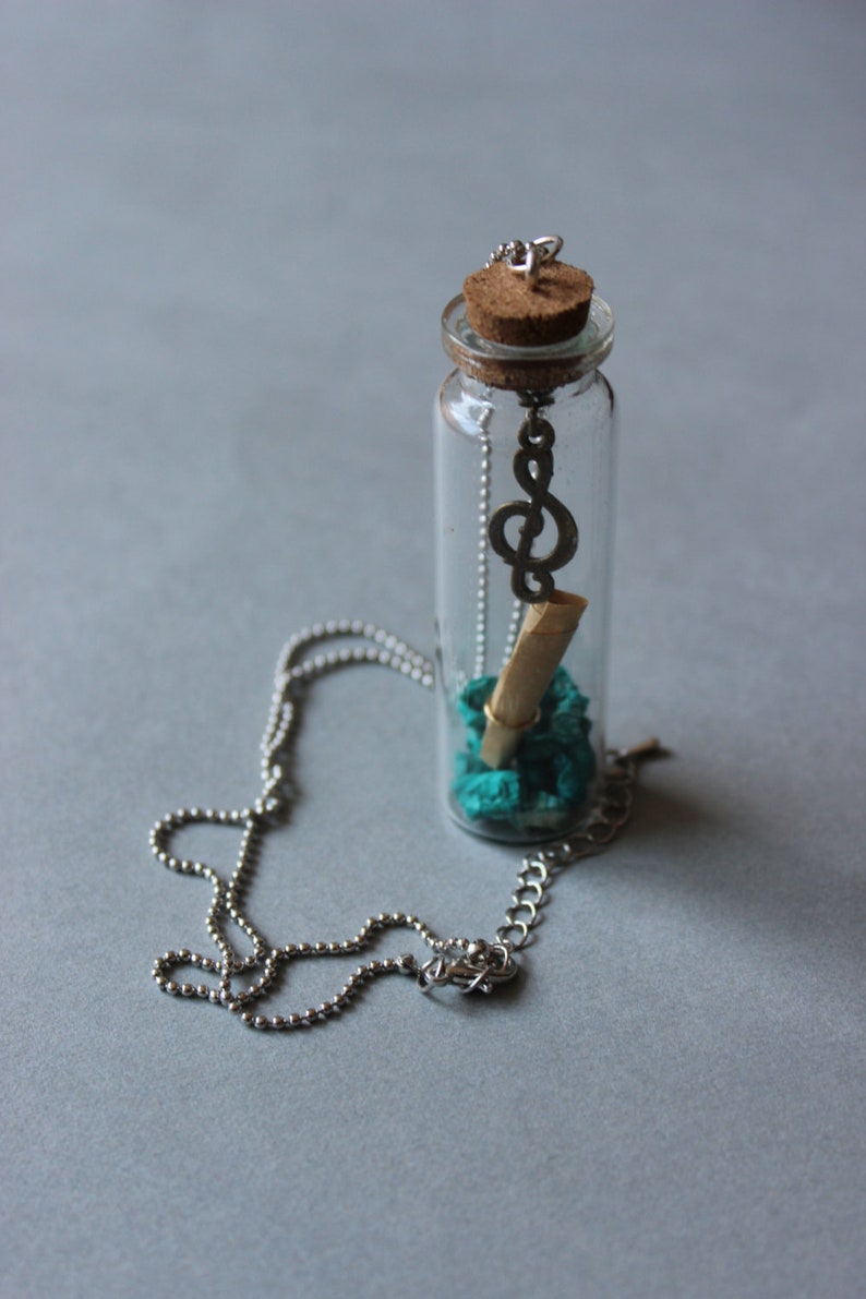 Retro music pendant Glass bottle with treble clef charm and green stones music lover Long necklace with letter in a bottle boho jewelry