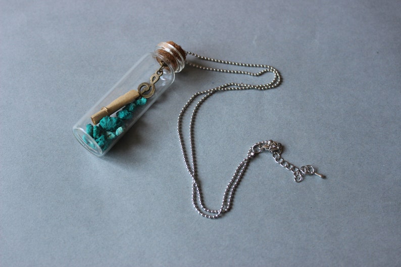Retro music pendant Glass bottle with treble clef charm and green stones music lover Long necklace with letter in a bottle boho jewelry