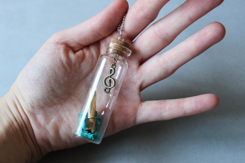 Retro music pendant Glass bottle with treble clef charm and green stones music lover Long necklace with letter in a bottle boho jewelry