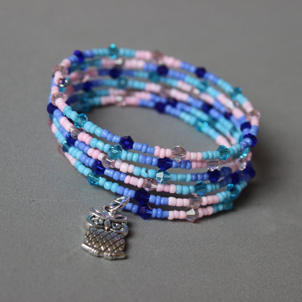 Blue and pink memory wrap wire bracelet with owl charm, multi strands cuff, seed beads, summer, animal, wild bird, nature owls bracelet