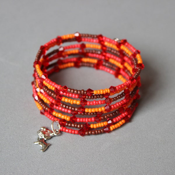 Red orange and brown memory wrap wire bracelet with dog charm, multi strands cuff, seed beads, glass beads,animal halloween, dog lover