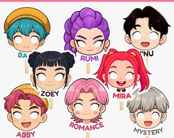 Máscaras de fiesta de cazadores de demonios de Kpop, accesorios para fotomatón de Huntr/X Saja Boys, decoraciones de cumpleaños imprimibles de K-Pop, descarga digital del anime Huntrix