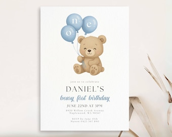 Invitación de primer cumpleaños con temática de ositos: Invitación para fiesta de ositos de peluche (descarga digital)