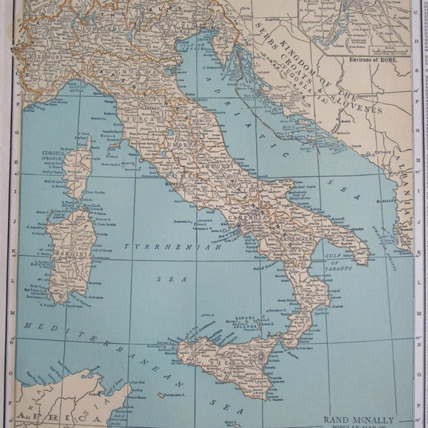 1926 ITALY Map. PREMIUM Tan, Aqua ITALIA Map Art Print. 1920s Original Rand McNally. Rome, Corsica, Sardinia, Sicily
