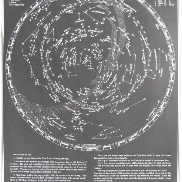 1939 Ranally STAR MAP. Use Instructions. 1930s Rand McNally. Location of Stars and Constellations. 21st Magnitude Limit. Astronomy.