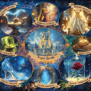 Peut inclure: Illustration à thème fantastique avec un château central entouré de vignettes circulaires. Les vignettes représentent une lampe dorée, une femme aux longs cheveux, une robe de mariée, des beignets, un chausson de verre, un miroir et une rose sous cloche. Texte: "Conseils divins".