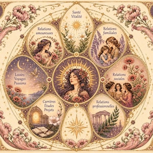 May include: A square decorative print featuring a central illustration of a person surrounded by seven circular panels. Each panel contains French text including Santé Vitalité, Relations amoureuses, Relations familiales, Relations sociales, Relations professionnelles, Carrières Études Projets, and Loisirs Voyages Passions, all framed by floral motifs.