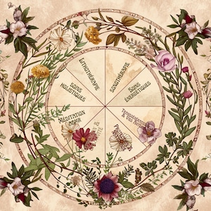 May include: A circular illustration with a beige background, featuring a floral wreath surrounding a segmented wheel. The wheel contains text in French, including "Lithothérapie" and "Soins Holistiques." Various flowers and leaves in shades of pink, yellow, and green adorn the design.
