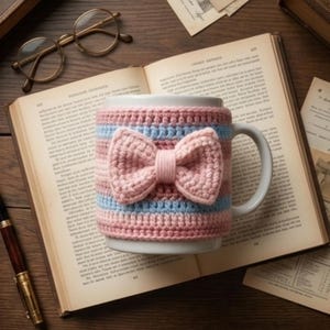 Peut inclure: Une tasse en céramique blanche avec une housse crochetée rose et bleue ornée d'un nœud. La housse est enroulée autour de la tasse, ajoutant une touche décorative. La tasse repose sur un livre ouvert.