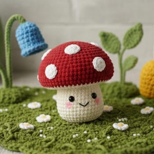Peut inclure: Un champignon crocheté avec un chapeau rouge à pois blancs, une tige crème et un visage souriant. La scène comprend des fleurs et de la verdure crochetées, avec une fleur de cloche bleue en arrière-plan, le tout fait à la main.