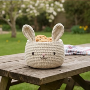 Peut inclure: Un panier lapin en crochet beige rempli de biscuits, posé sur une table de pique-nique en bois. Le panier a des oreilles de lapin, un nez rose et des yeux noirs. L'arrière-plan montre une pelouse verte et des arbres.
