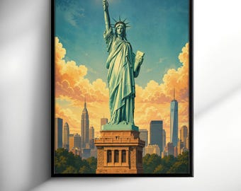 Statue of Liberty Wall Art - New York City Skyline Poster - Vintage NYC Travel Decor