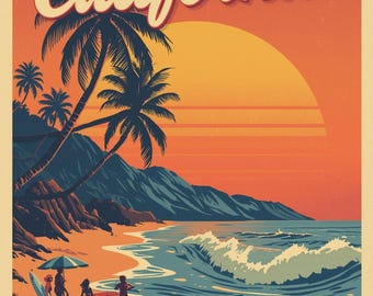 California Sunset Beach Retro Poster | Vintage Coastal Wall Art, Palm Trees