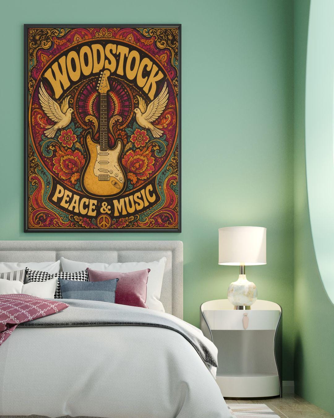 Woodstock Wall Art - Peace and Music Poster - Psychedelic Guitar