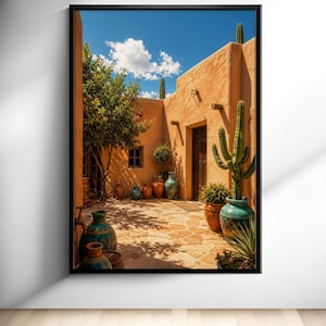 Arte mural de patio de adobe del suroeste - Cactus del desierto y cerámica - Decoración rústica para el hogar en Arizona