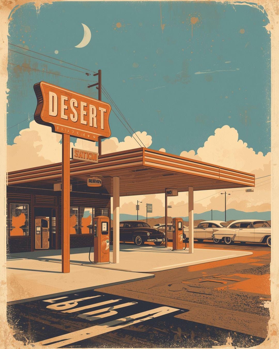 Retro Desert Gas Station Wall Art Print, Vintage Route 66 Americana ...