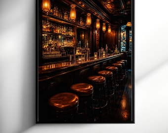 May include: A framed wall art print depicting a dimly lit, dark wood bar interior. The scene features a long polished counter, a row of round leather-topped bar stools, and shelves filled with glass bottles illuminated by warm, hanging pendant lights.