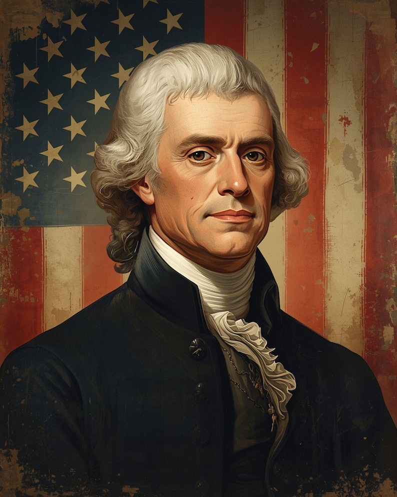 May include: Portrait of a man with white hair and a stern expression, set against a backdrop of the American flag. He wears a black coat, white ruffled shirt, and a necklace. The image has a vintage, aged appearance.