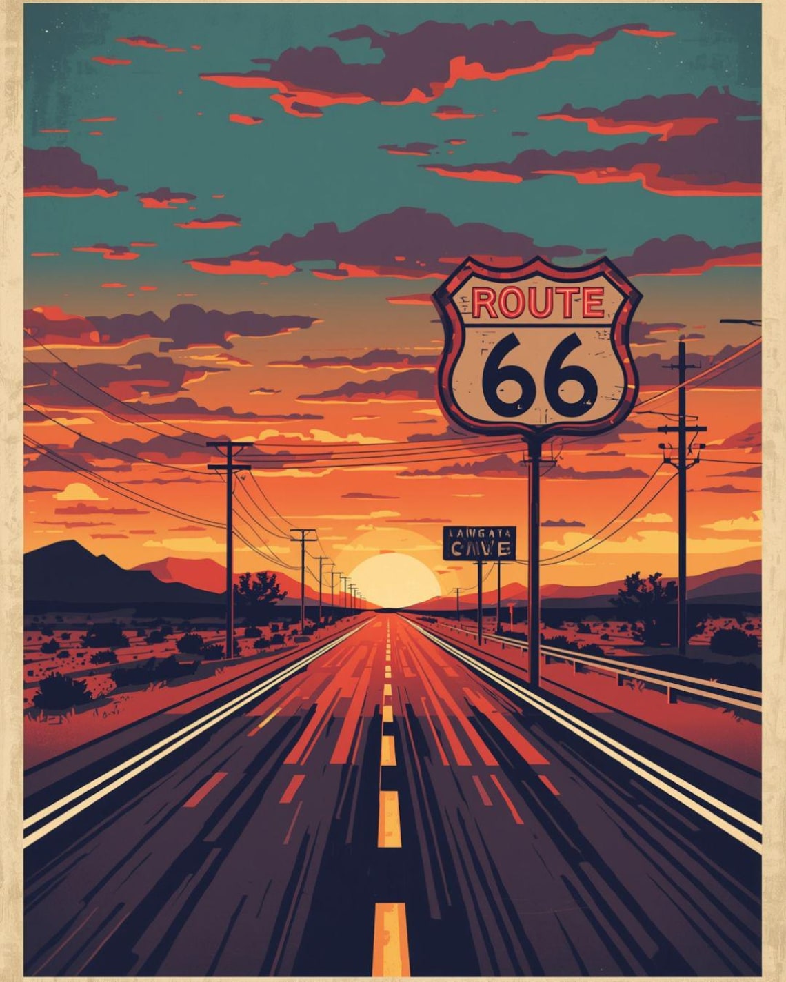 Route 66 Sunset Wall Art Print, Vintage American Highway Poster - Etsy