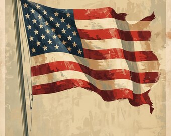 Vintage amerikansk flagga väggkonsttryck, retro USA patriotisk affisch, rustik amerikansk heminredning
