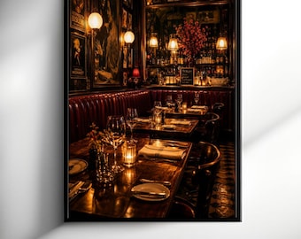 May include: A framed wall art print depicting a dimly lit restaurant interior with dark wood tables, red leather booth seating, and warm glowing pendant lights. The scene features wine glasses, white napkins, and plates arranged on tables.