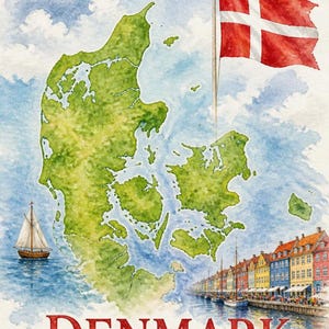 Kaart van Denemarken, reisposter Denemarken - Muurdecoratie Kopenhagen - Scandinavisch decoratiecadeau