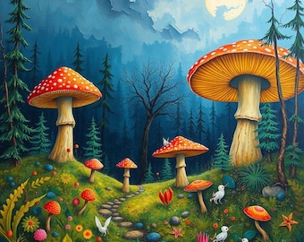 Enchanted Forest Mushrooms Art Print – Magical Fantasy Landscape with Giant Toadstools, Fairytale Wall Decor