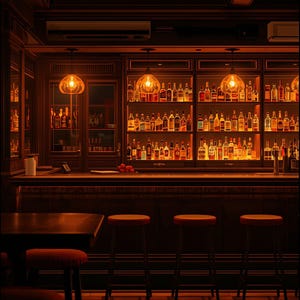 Peut inclure: Intérieur d'un bar faiblement éclairé avec un comptoir en bois, des tabourets et des étagères remplies de bouteilles. Deux lampes suspendues éclairent le bar. La palette de couleurs est chaleureuse, avec des nuances de brun et d'orange.