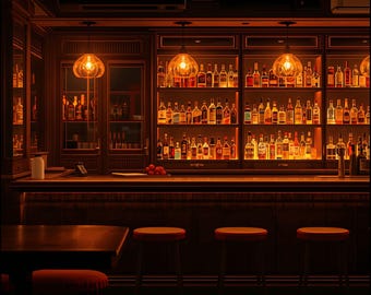 Póster imprimible para decoración de interiores de pubs y bares de estilo vintage: iluminación cálida en color ámbar.