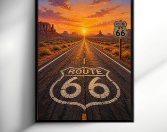 Route 66 Sunset Wall Art Print - Vintage American Road Trip Poster