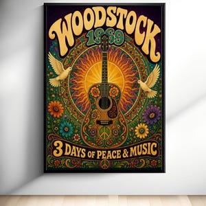 Woodstock Wall Art - Peace and Music Poster - Psychedelic Guitar