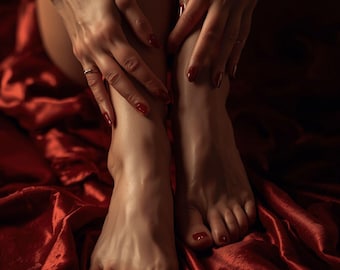 Intimate Feminine Wall Art – Soft Hands and Bare Feet on Silk