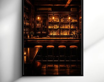 May include: A framed wall art print depicting a dimly lit bar interior with dark wood paneling, rows of illuminated glass liquor bottles on shelves, four round-topped bar stools, and warm pendant lighting casting a golden glow over the scene.