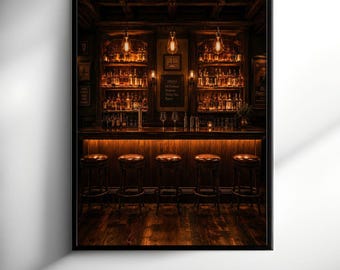 May include: A framed wall art print depicting a dimly lit, rustic bar interior with dark wood paneling, five leather-topped bar stools, shelves filled with various glass liquor bottles, warm pendant lighting, and a chalkboard menu sign.