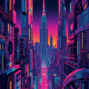 Cyber Skyline – Neon Maximalist Futuristic City Wall Art | Digital Print Poster