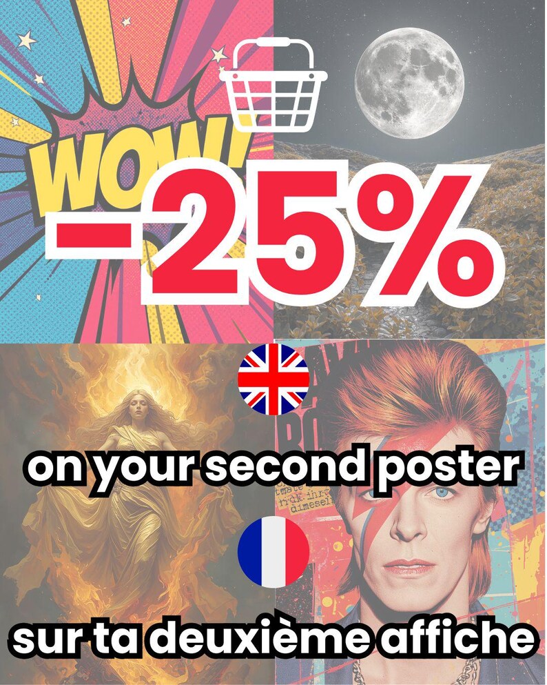 Puede incluir: Un gr&aacute;fico promocional con un fondo dividido. Un lado presenta un estilo de c&oacute;mic "WOW" con explosiones coloridas, el otro una luna llena sobre un paisaje. El texto dice "-25%" y "en tu segundo p&oacute;ster".