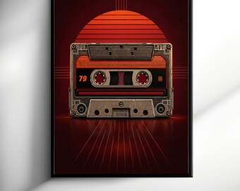 Decoración de pared con diseño de cinta de casete retro - Póster musical de los años 70 - Decoración de audio analógico vintage imprimible