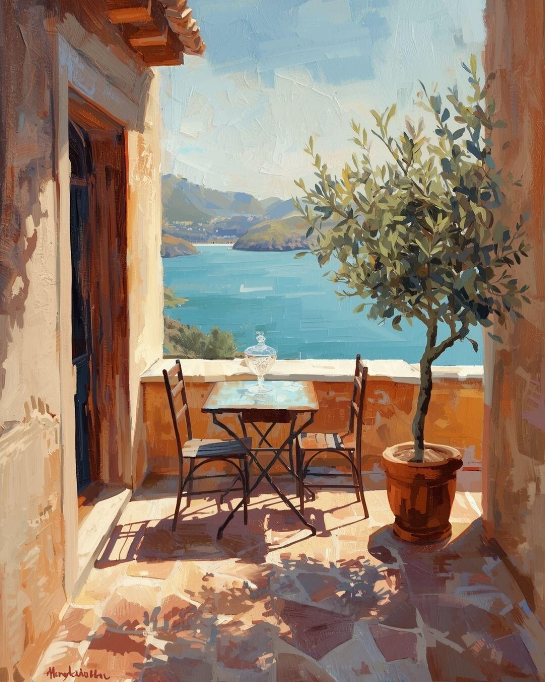 Mediterranean Coastal Terrace Wall Art – Sea View, Olive Tree & Sunlit ...